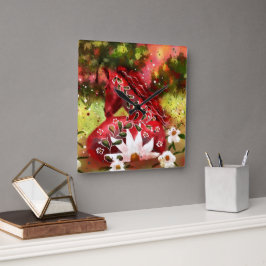 Daisy Horse Abstrakt Art Red White Grönt Blommigt Fyrkantig Klocka