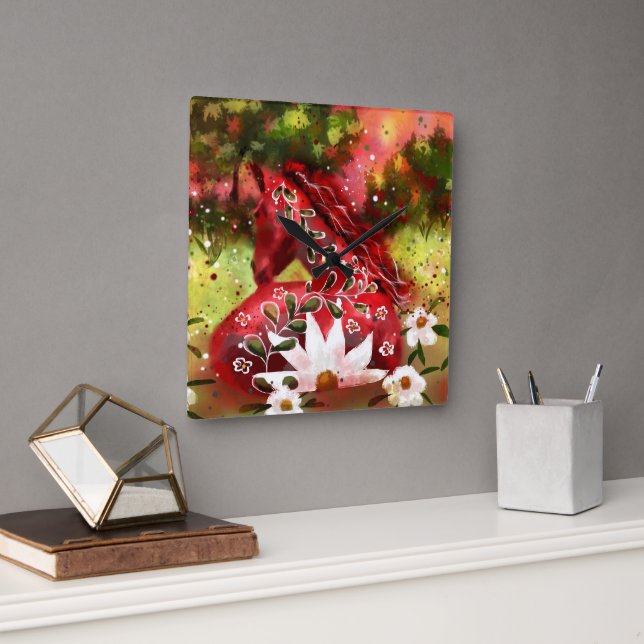 Daisy Horse Abstrakt Art Red White Grönt Blommigt Fyrkantig Klocka (Kontor)