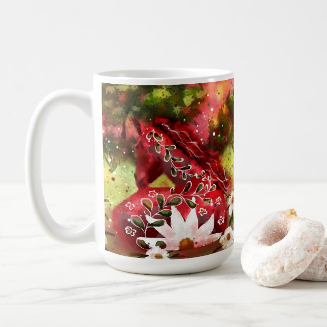 Daisy Horse Abstrakt Art Red White Grönt Blommigt Kaffemugg (Med munk)