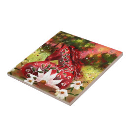 Daisy Horse Abstrakt Art Red White Grönt Blommigt Kakelplatta
