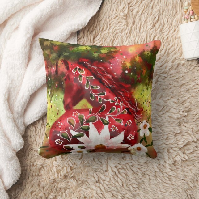 Daisy Horse Abstrakt Art Red White Grönt Blommigt Kudde (Filt)