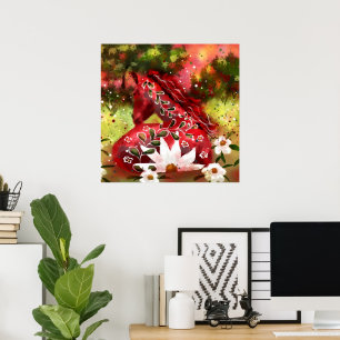 Daisy Horse Abstrakt Art Red White Grönt Blommigt Poster