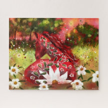 Daisy Horse Abstrakt Art Red White Grönt Blommigt