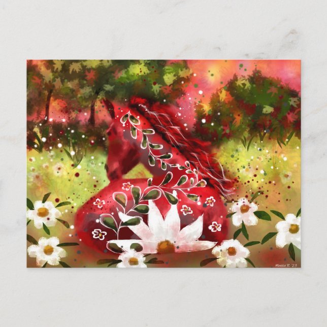 Daisy Horse Abstrakt Art Red White Grönt Blommigt Vykort (Framsida)