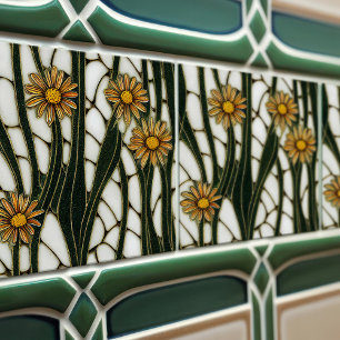 Daisy i art nouveau Sömlösa vita gröntar blommigta Kakelplatta
