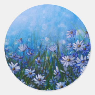 Daisy i Profusion, vit daisy fält, Blommigt Runt Klistermärke