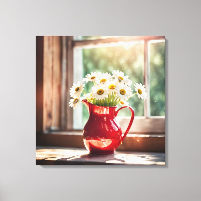 Daisy i Red Pitcher by Sunny Window Canvastryck (Framsida)