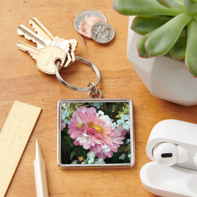 Daisy inom Rosan Fyrkantig Silverfärgad Nyckelring (Skrivbord)