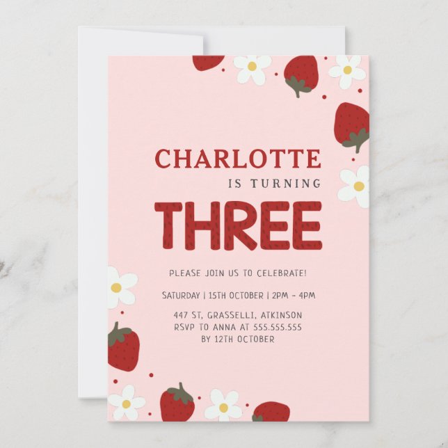 Daisy Jordgubbarnas Rosa 3:e sommardagen Inbjudningar (Framsida)