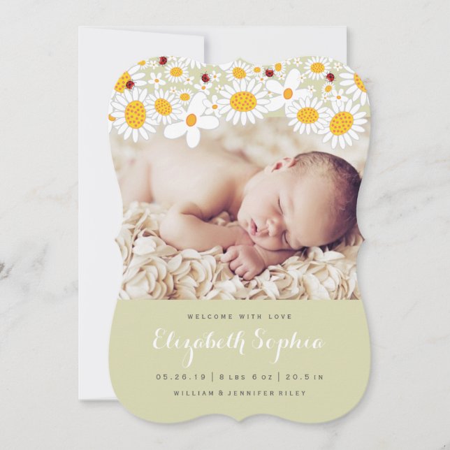 Daisy & Ladybug Flicka Photo Birth Notice Meddelande (Framsida)