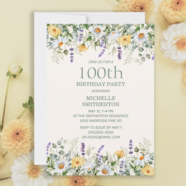 Daisy Lavender Gult Wildblommor 100:e födelsedagen Inbjudningar (Skapare uppladdad)