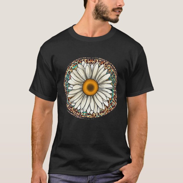 Daisy Leopard Flower Western Southern Hippy Boho G T Shirt (Framsida)