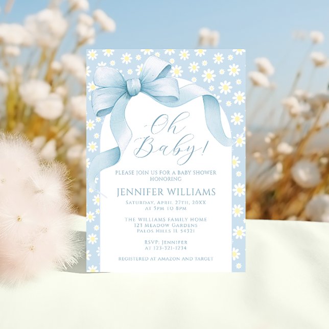 Daisy Light Blue Blommigt Bow Ribbon Pojke Shower Inbjudningar (Skapare uppladdad)