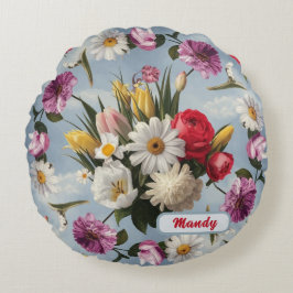 Daisy, lilier och tulpaner rund kudde