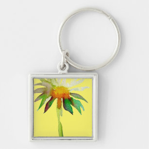 Daisy modern konstblomma på gult fyrkantig silverfärgad nyckelring