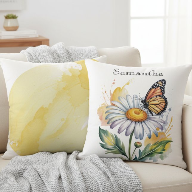 Daisy Monark Fjäril – Solig Hem Gåva Kudde (Monarch butterfly and daisy throw pillow)