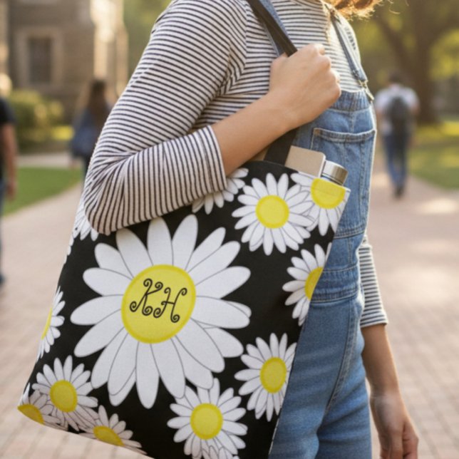Daisy Monogram Black White and Gult Tote Bag Tygkasse (Skapare uppladdad)
