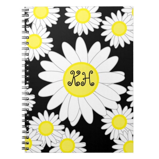 Daisy Monogram Black White och Gult Anteckningsbok (Framsidan)