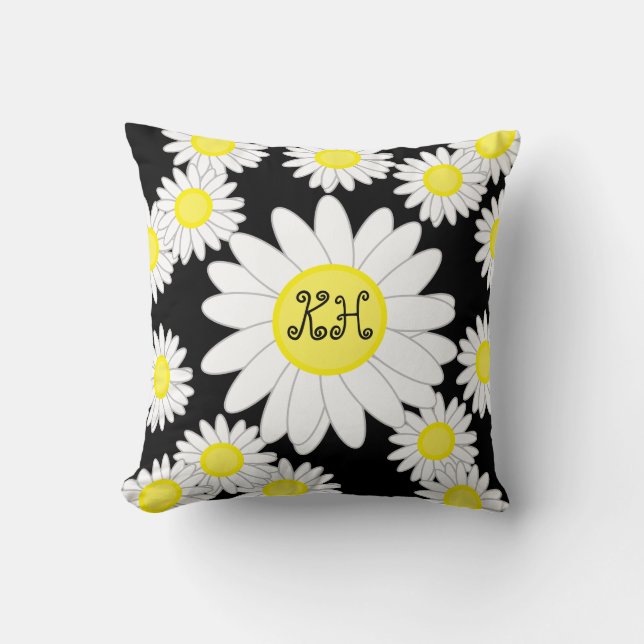 Daisy Monogram Black White och Gult Kudde (Framsida)