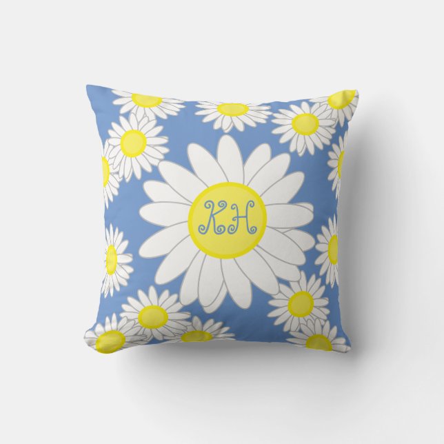 Daisy Monogram Blue White och Gult Kudde (Framsida)