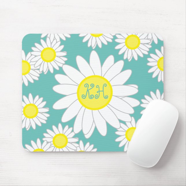 Daisy Monogram Teal Grönt Vit och Gult Musmatta (Med mus)