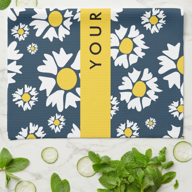 Daisy-mönster, Vita prästkragar, Ditt Namn Kökshandduk (Vikta)