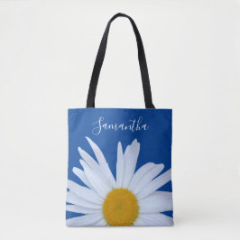 Daisy Ocean Blue White Script Tote Bag Tygkasse