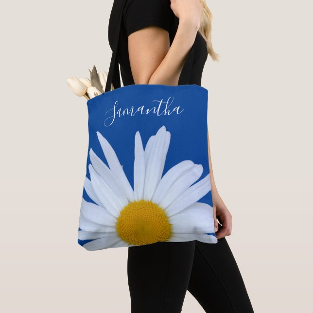 Daisy Ocean Blue White Script Tote Bag Tygkasse (Närbild)
