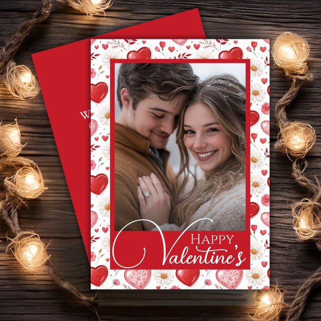 Daisy och Hearts Lycklig Valentines Anpassningsbar Julkort (Daisy And Hearts Happy Valentine's Custom Photo Holiday Card)