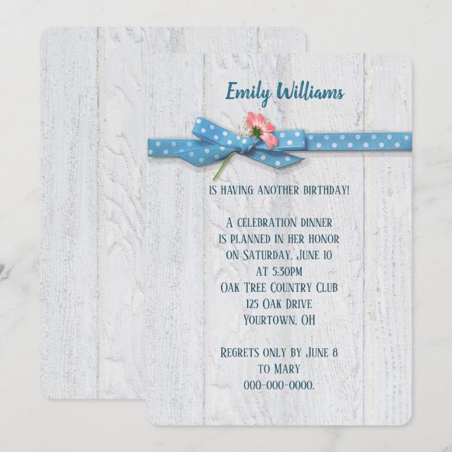 daisy- och polkattband på träfödelsedag inbjudan (Fram/baksida)