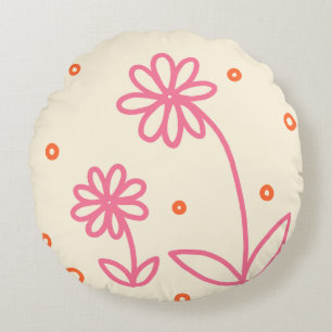 Daisy och punkter 2 - Rosa, Orange och grädde Rund Kudde
