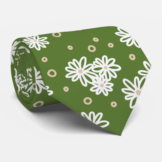 Daisy och punkter - Grönten Vit, Sand och Handflat Slips (Rullad)