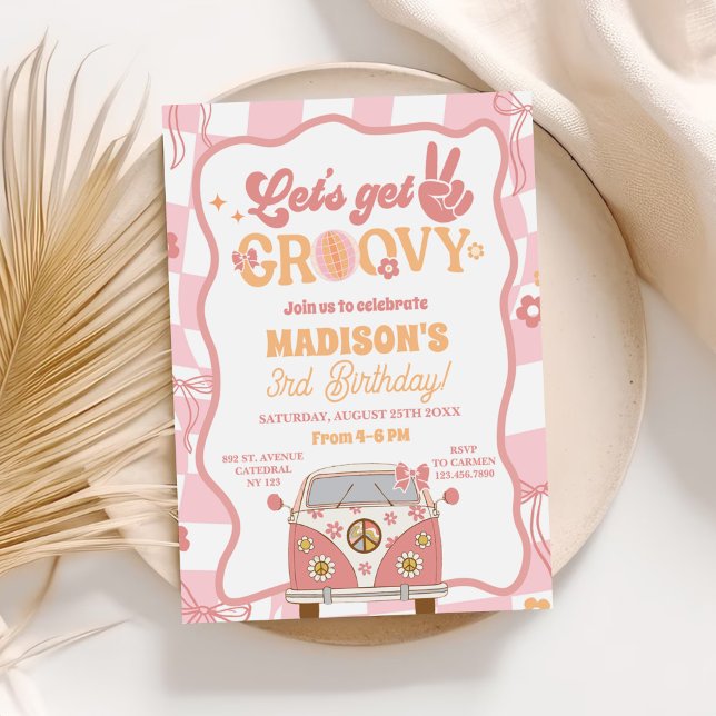 Daisy och Retro Van Pastel Groovy 3:e födelsedagen Inbjudningar (Skapare uppladdad)