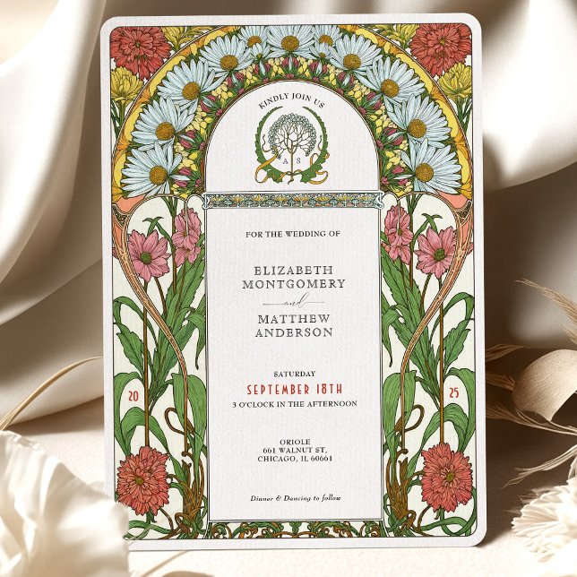 Daisy och Rosa Zinnias Art nouveau Bröllop Inbjudningar (Skapare uppladdad)