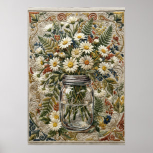 Daisy och vildblomsbukett i stickad masonburk poster