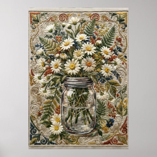 Daisy och vildblomsbukett i stickad masonburk poster (Framsidan)