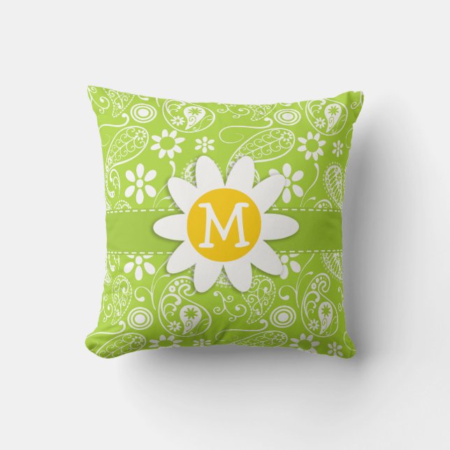 Daisy om Citron Grönt Paisley; Blommigt Kudde (Framsida)