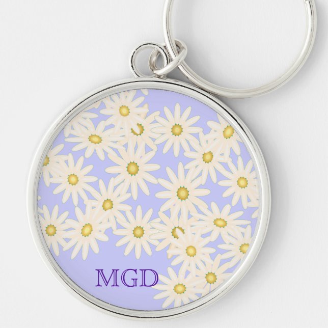 Daisy på högvärdig keychain för lila monogram rund silverfärgad nyckelring (Framsidan)