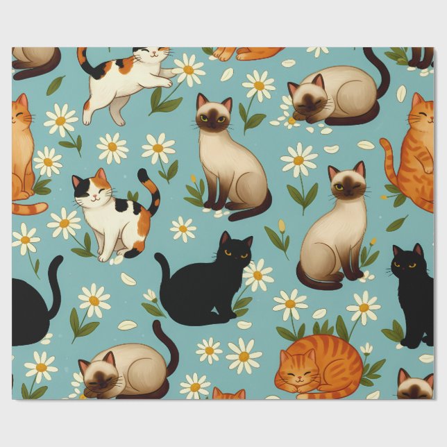 Daisy Paws Parade – Playful Cats & Blooms Presentpapper (Platt)