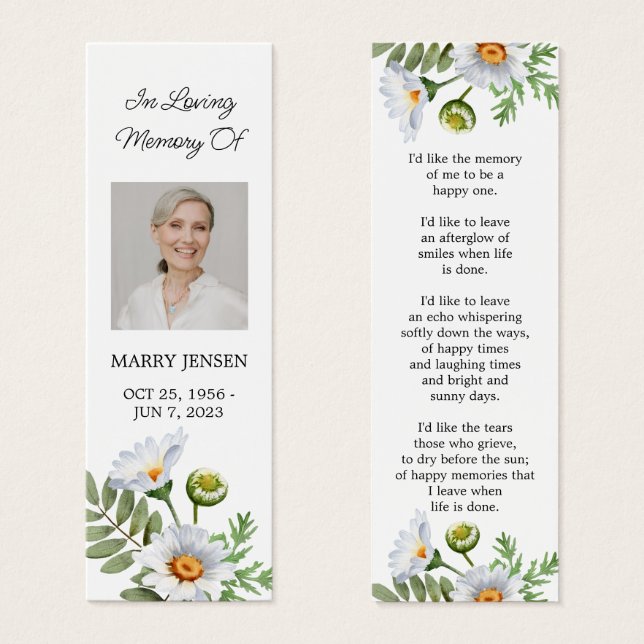 Daisy Photo Funeral Memorial Bookmark Litet Visitkort (Framsida & baksida)