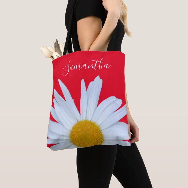 Daisy Photo Red Elegant White Script Toot Bag Tygkasse (Närbild)