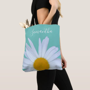 Daisy Photo Teal Grönt Elegant Vitskript Tygkasse