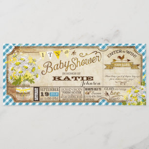 Daisy Picnic Blue Gingham Check Baby Shower Inbjudningar