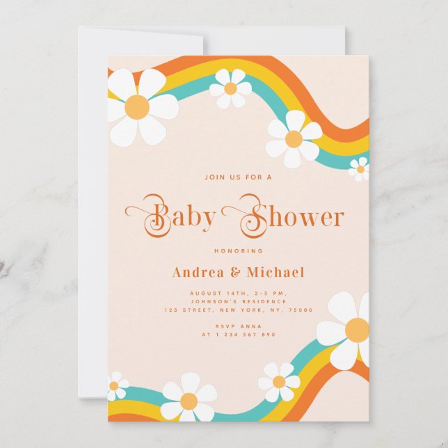 Daisy Rainbow Retro Typography Hippie Baby Shower Inbjudningar (Framsida)