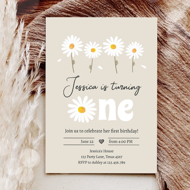 Daisy Retro Boho Party Creme Sand First Birthday Inbjudningar (Skapare uppladdad)