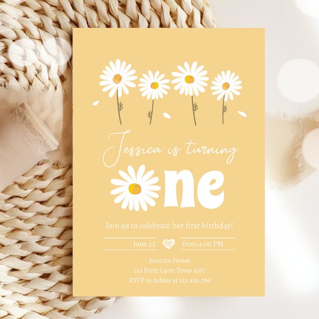 Daisy Retro Boho Party Gult Girl First Birthday Inbjudningar (Skapare uppladdad)