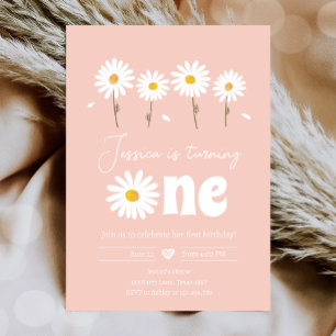 Daisy Retro Boho Party Rosa Girl First Birthday Inbjudningar