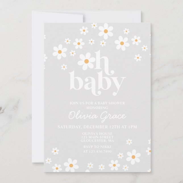 Daisy Retro Grå Blommig Baby Shower Inbjudan (Framsida)