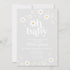 Daisy Retro Grå Blommig Baby Shower Inbjudan