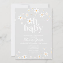 Daisy Retro Grått Blommigt Baby Shower-inbjudan fö